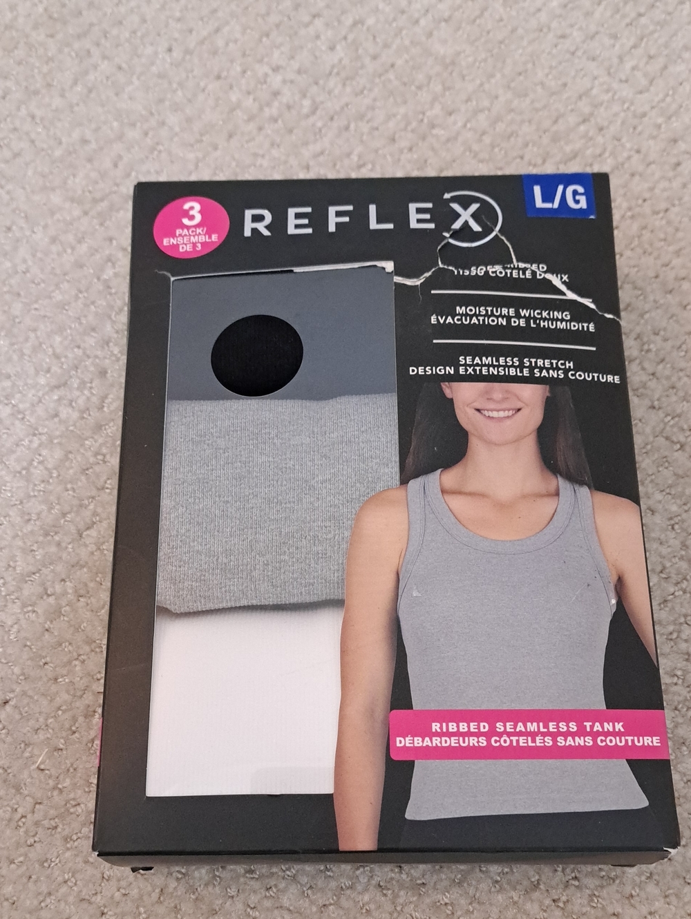 Reflex Set Of 3 Tanks Racer Back Ribbed Seamless Black White Grey Women's Large